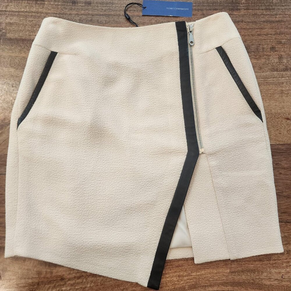 Rebecca Minkoff Enzo Skirt Womens 0 Cream Asymmetrical Zip Leather Trim Wrap